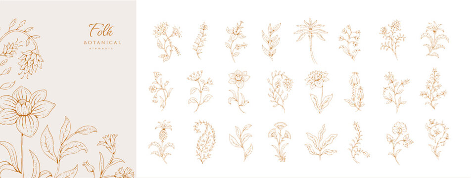 Seamless border with ethnic ornament elements and paisleys. Folk flowers and leaves for print or embroidery.