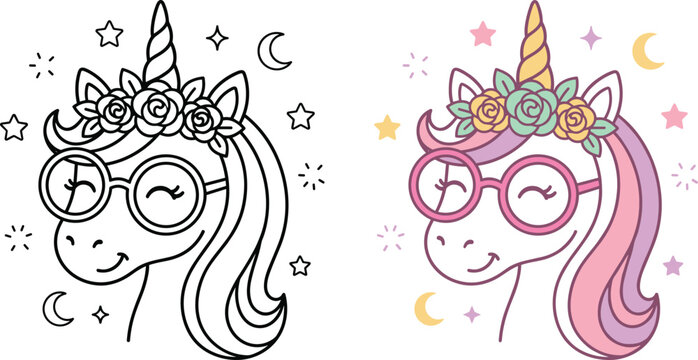 Cute unicorn portrait collection featuring floral crown unicorn with glasses in outline and pastel cartoon style vector illustration set