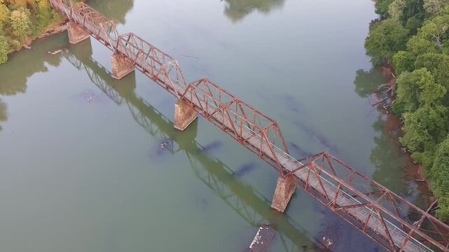 Drone View of Rails to Trails railroad bridge over the Broad River in South Carolina in early morning