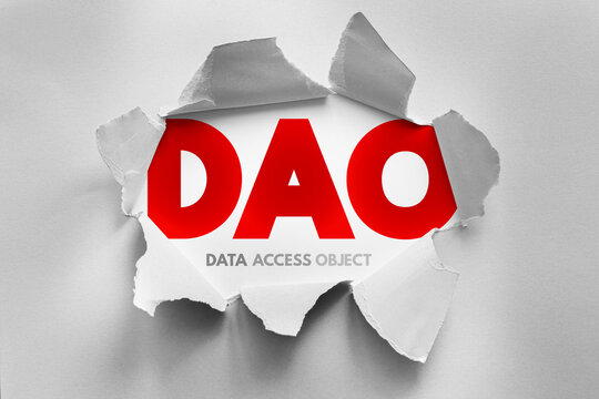 DAO data access object typography, conceptual business technology illustration showing DAO acronym and subtitle, minimal corporate design symbolizing database architecture and software development