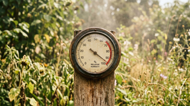 Vintage hygrometer showing high relative humidity on a wooden post. Close up of humidity gauge in a lush green garden. Weather and climate concept