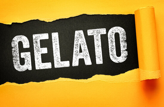 GELATO word in distressed bold typography on torn background. Italian-style dessert concept for branding, caf&eacute; signage, marketing visuals, and artisan frozen treat advertisements