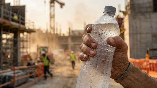 Construction worker hand holding a cold water bottle. Close up of dirty hand with refreshing drink at a dusty building site. Hydration and labor concept