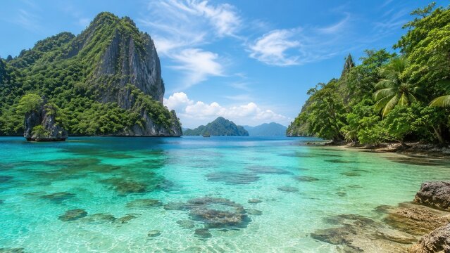 Tropical lagoon with crystal clear turquoise water surrounded by lush limestone island landscape