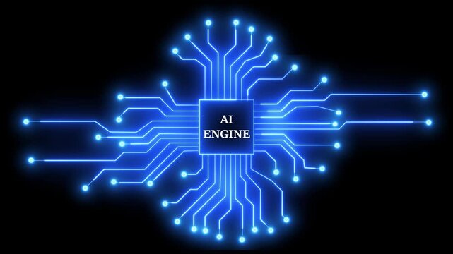 Digital ai engine microprocessor chip with glowing blue circuit board lines animation on black background.