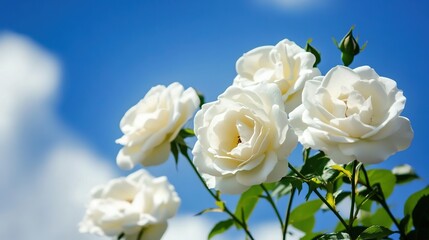 Fototapeta premium roses. White roses blooming against a blue sky, with sunlight highlighting their delicate petals in close-up view. gardening catalogs.