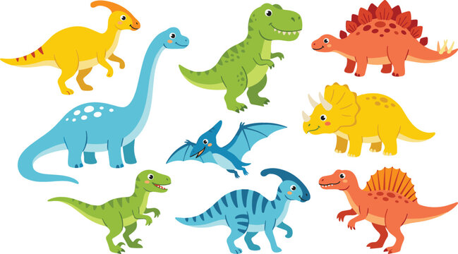 Cute cartoon dinosaurs collection set with tyrannosaurus rex triceratops stegosaurus pterodactyl brachiosaurus and spinosaurus for children education design vector illustration isolated on white