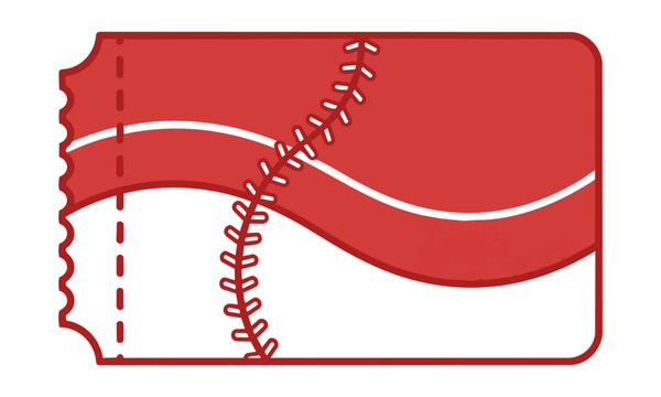 Stylized baseball ticket icon with a curved seam pattern in red and white, isolated on a white background, sports event concept