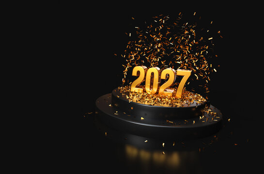 Golden 2027 New Year Digits on Black Podium with Exploding Gold Confetti - 3D Rendering