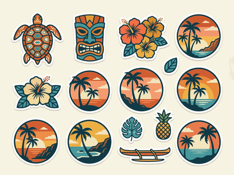 Vintage Tropical Hawaii Sticker Set with Tiki, Sea Turtle, and Sunset Beach Badges
