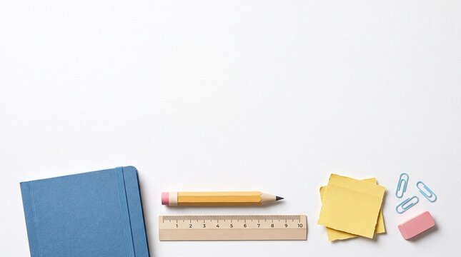 Paper Cut School Workspace Border with Notebook, Pencil and Ruler on White Background