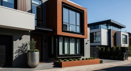 Fototapeta premium Modern Townhouse Architecture With Corten Steel And Glass Facade