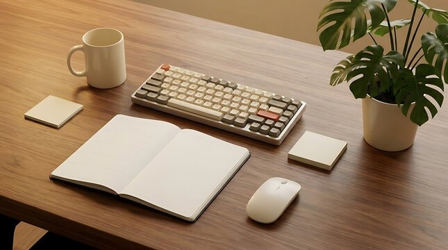 Modern desk setup with computer accessories and plant on wooden surface