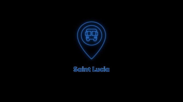 Saint lucia travel concept: neon bus location pin and airplane animation tourism glowing