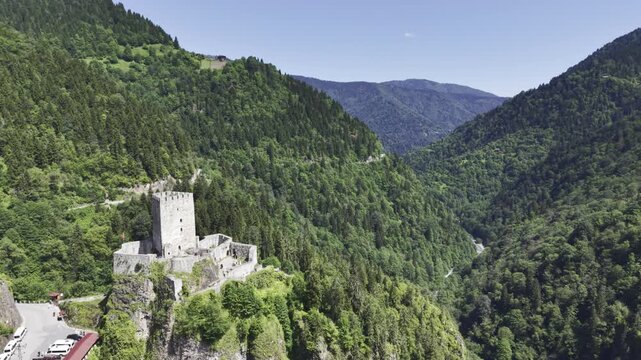 Cinematic Drone Footage of Zilkale Castle in Camlihemsin Rize Turkey Rising Above Firtina Valley and Black Sea Mountain Forests (