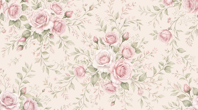 Delicate floral pattern with pink roses and green leaves
