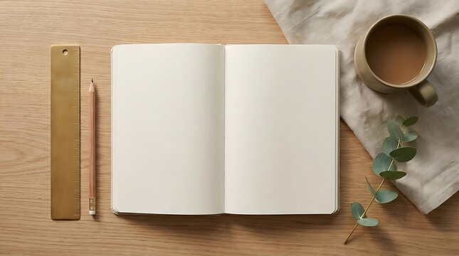 Open notebook with writing tools and warm beverage on wooden surface