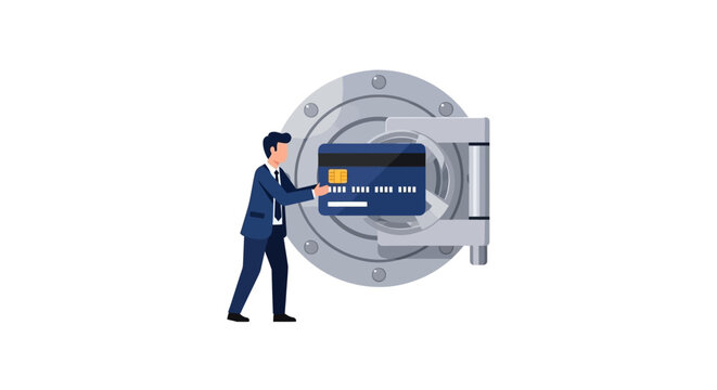 Businessman inserting credit card into ATM machine.
