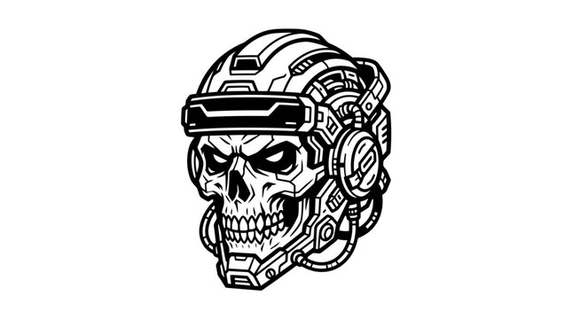 Cyberpunk Skull with VR Headset and Wires - Sci-Fi Illustration