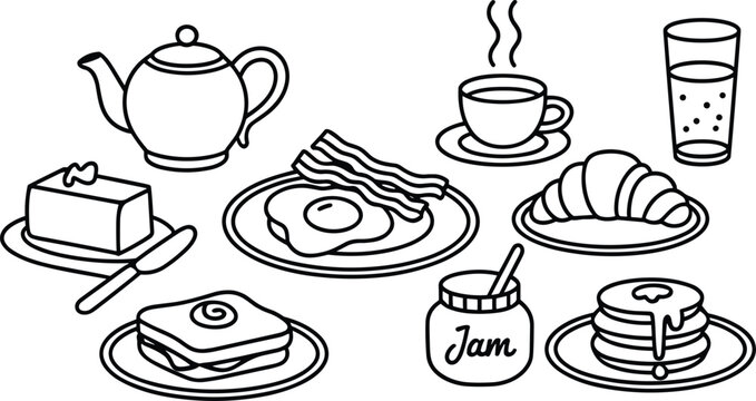 Breakfast food outline icon collection, morning meal line art set, bakery beverage and brunch illustration, premium vector bundle design