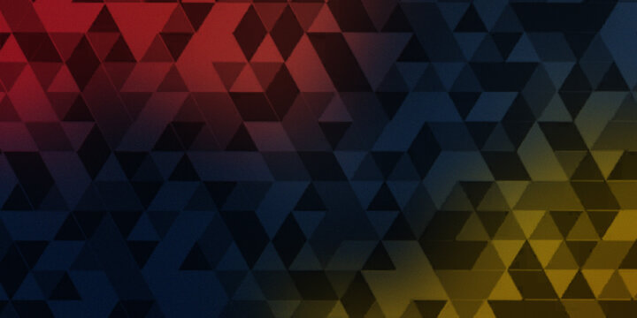 Abstract geometric pattern featuring dark triangles in gradient shades of red blue and yellow creating modern minimalist design wallpaper.