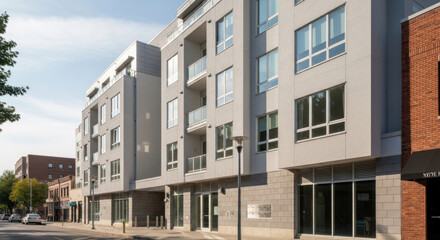 Obraz premium Modern Urban Apartment Building With Large Windows And Balconies