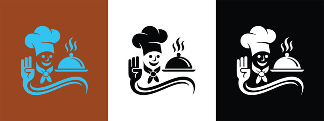 Fototapeta premium Chef Logo Icon Set, with Smiling Cook Holding Hot Food Cloche Tray