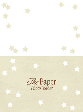 Minimal cream paper photo border with soft stars. Vintage paper textured background with grain and scattered confetti. Whimsy frame overlay for greeting cards, baby stationery or invitations.