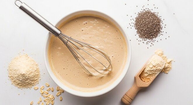 Beige mixture in bowl with whisk and ingredients
