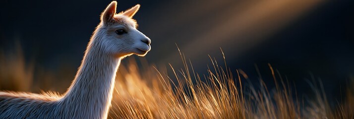 Fototapeta premium Llama in golden hour sunlight, with dry grass and dark background