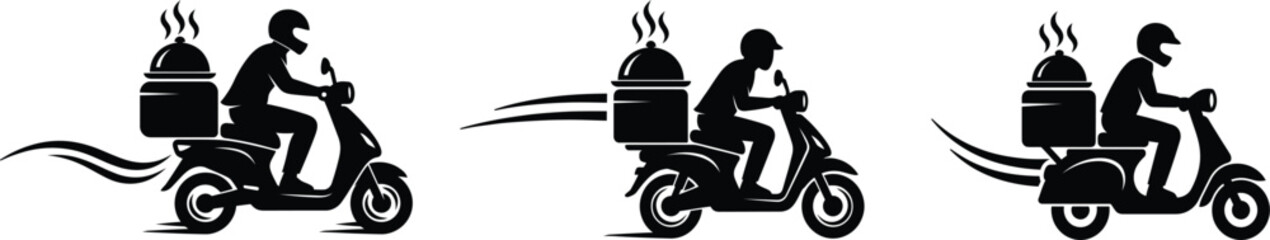 Set of courier delivery icons on scooters with food boxes. © jim's Cafe
