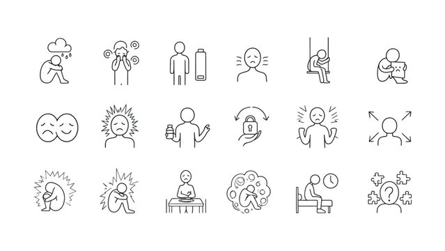 Modern minimal line art icons illustrating common mental health conditions emotional states and psychological problems collection