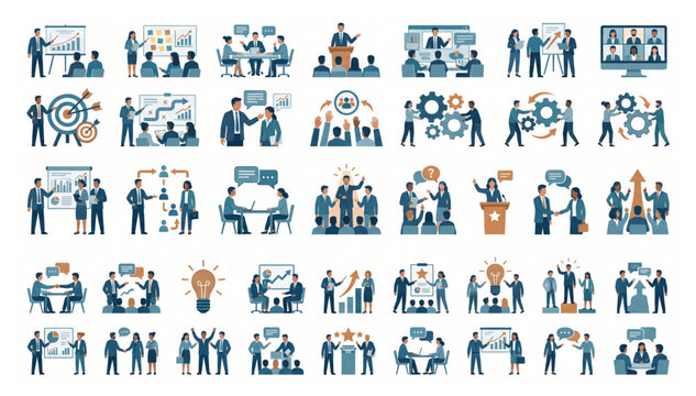 Business teamwork and corporate management flat vector icons set with business teamwork corporate management strategy leadership collaboration professional planning development analysis