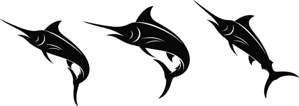 Marlin Fish Silhouette Collection, Swordfish Vector Illustration Set, Black Billfish Ocean Icons, Marine Wildlife Design Bundle Artwork