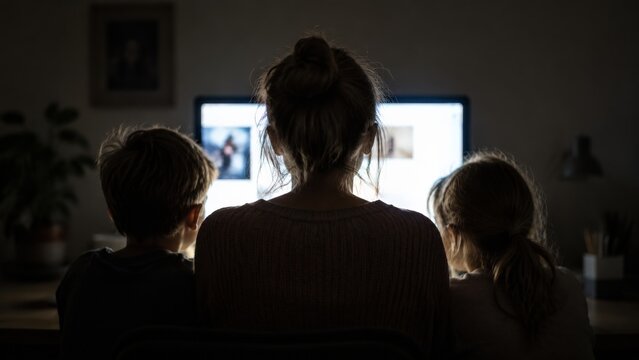 A mother and her two children seen from behind, watching a bright computer screen in a dim room, representing digital media engagement at home