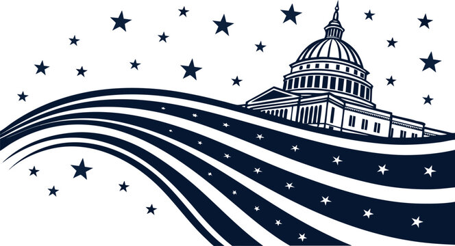 Us capitol building dome with wavy american flag stripes and stars in a dark blue and white style