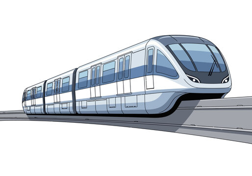 Modern Silver Train with Blue Stripes Moving.