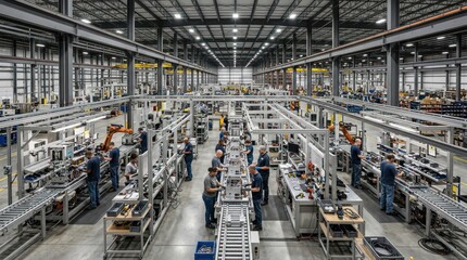 Fototapeta premium Modern manufacturing factory floor with workers and automated machinery