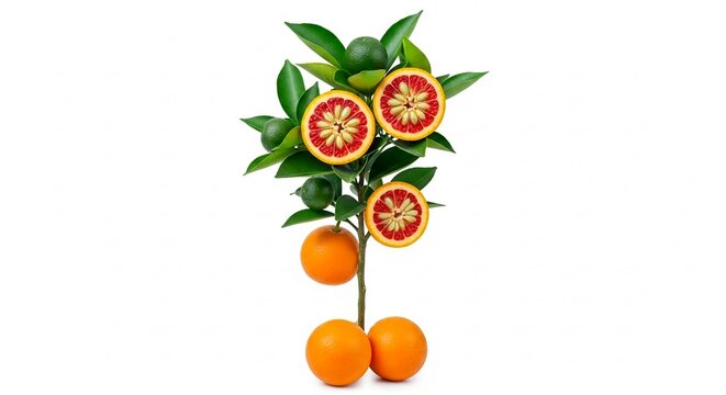 Bright orange tree with halved fruits and green leaves