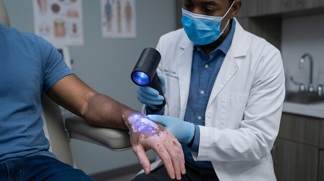 Dermatologist doctor examining vitiligo on patient hand with woods lamp in clinic.