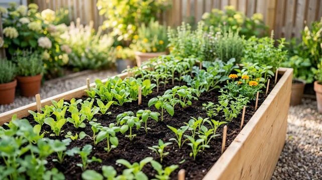 Raised wooden garden bed filled with young vegetable seedlings and herbs. Backyard organic farming and sustainable home gardening. Fresh produce growth in natural outdoor setting with potted plants