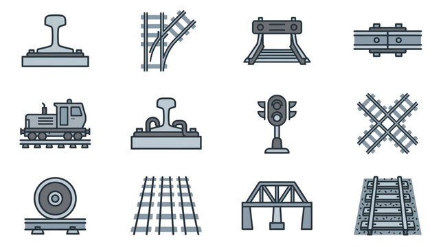 Modern Minimalist Line Icons Set of Railway Infrastructure and Train Elements in Monochrome with high quality professional line art symbols for modern creative design and digital branding projects