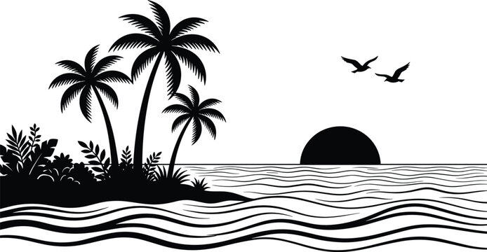 Tropical Island Sunset Silhouette Landscape, Palm Tree Ocean Scene Vector, Coastal Nature Illustration, Minimal Summer Paradise Design