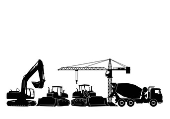 Construction Equipment Silhouettes Against White Background. © Afif