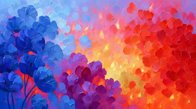 Vibrant paint strokes burst across the canvas. Blue flowers contrast bold red-orange splashes. Colorful abstract forms dance like fire and sky. Artistic texture invites emotional reflection