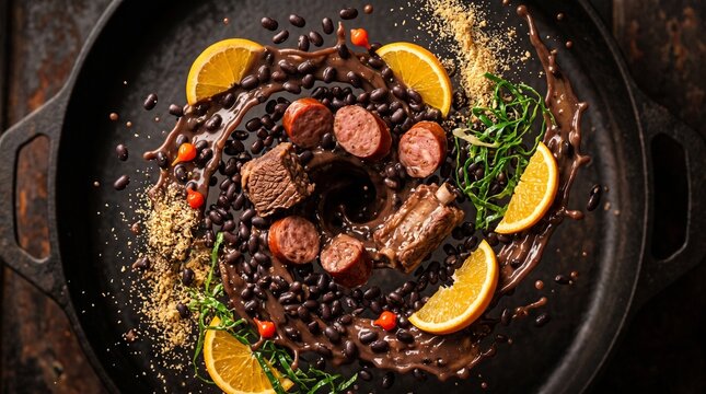 Traditional Brazilian Feijoada Dish with Black Beans, Meats, and Orange Slices in a Rustic Pan.