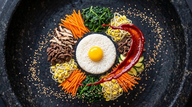 Traditional Korean Bibimbap with Fried Egg and Gochujang Sauce.