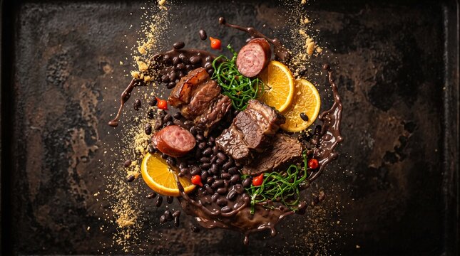 Traditional Brazilian Feijoada Dish with Black Beans, Meats, and Orange Slices on Dark Background.
