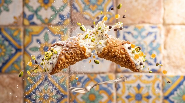 Two delicious cannoli with ricotta cheese and pistachio nuts against a vibrant patterned tile background.