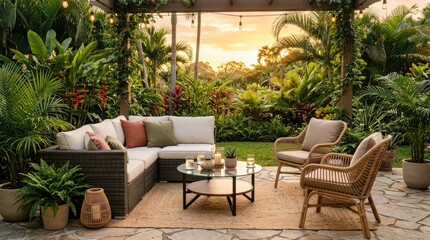 Fototapeta premium A stylish outdoor seating area is set up under a pergola with string lights. A comfortable sectional sofa with light-colored cushions and pillows is positioned on a stone patio.